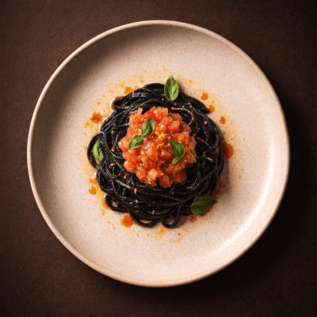 Top-down view of squid ink tagliolini with red prawn tartare, chili oil, lemon zest, and basil on a pale ceramic plate.