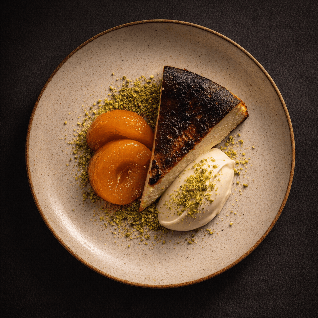 Charred carrot dish with orange cream and pistachio garnish.