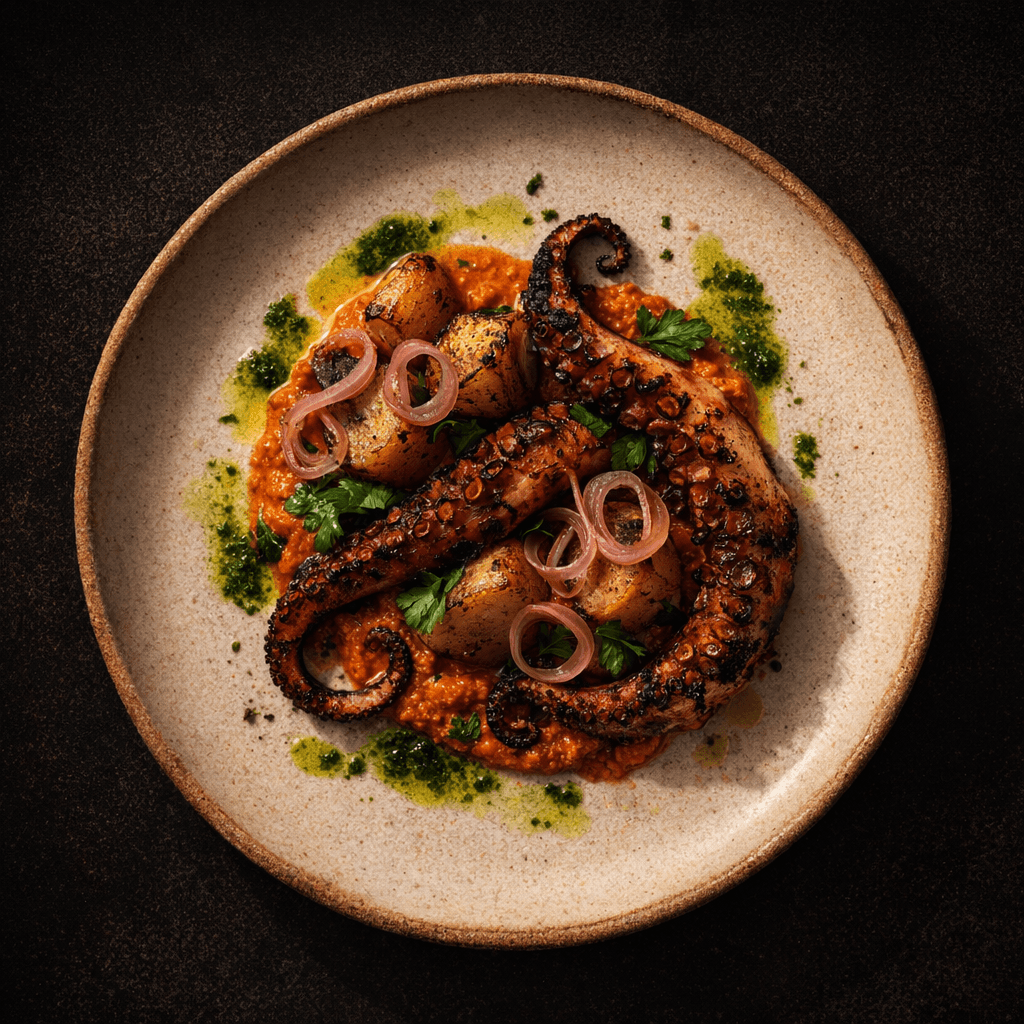 Grilled octopus with smoked potatoes, romesco, and pickled shallots.