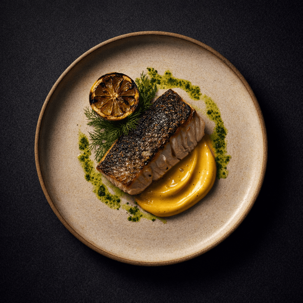 Salt cod spread plated with preserved lemon and herbs.
